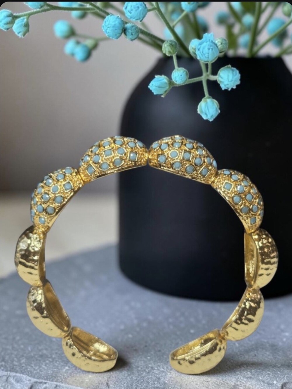 18k Gold Plated Artisan Chunky Hammered Turquoise Bangle Cuff Bracelet